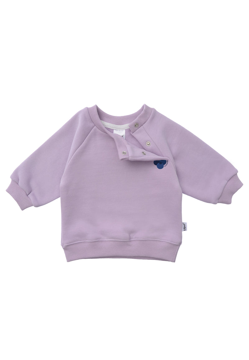 vorderseite vom sweatshirt mit dem druck von blaubeeren mit offenen drucknöpfen 