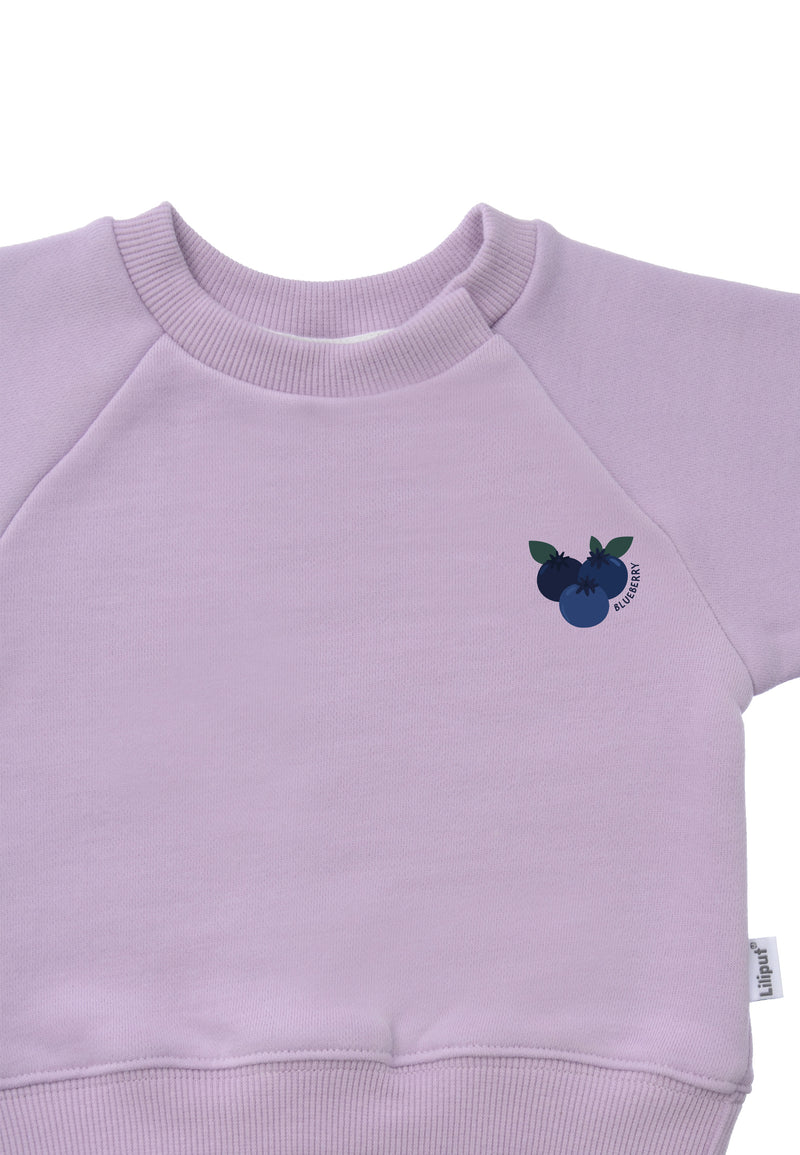 nähere aufnahme vom sweatshirt mit dem druck von blaubeeren  in flieder 