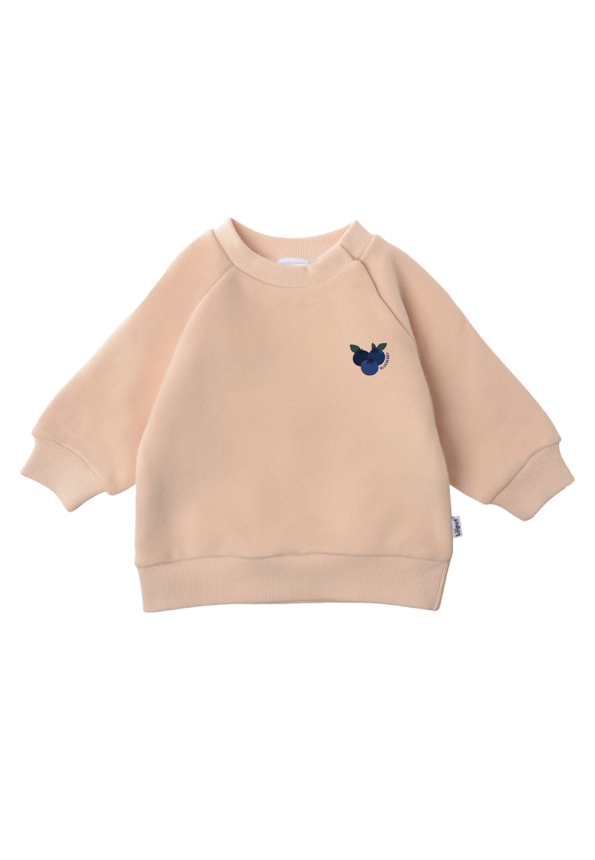 vorderseite vom sweatshirt in beige mit dem druck von blaubeeren 