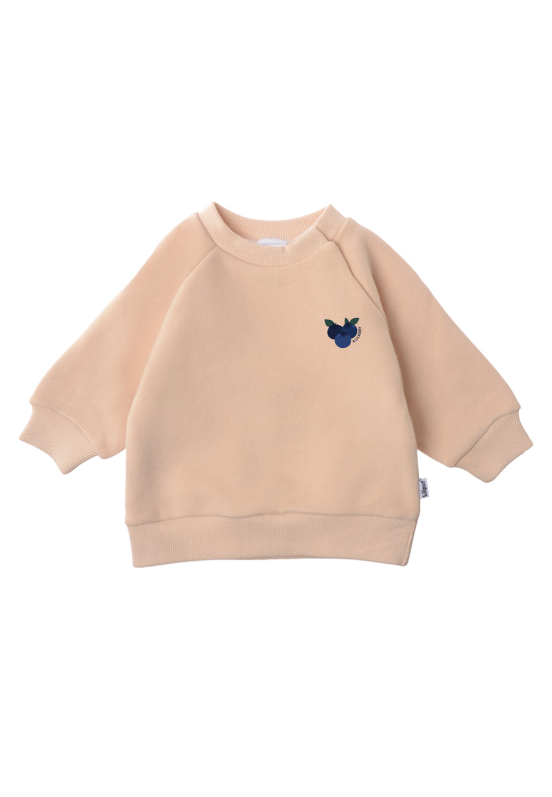 vorderseite vom sweatshirt in beige mit dem druck von blaubeeren 