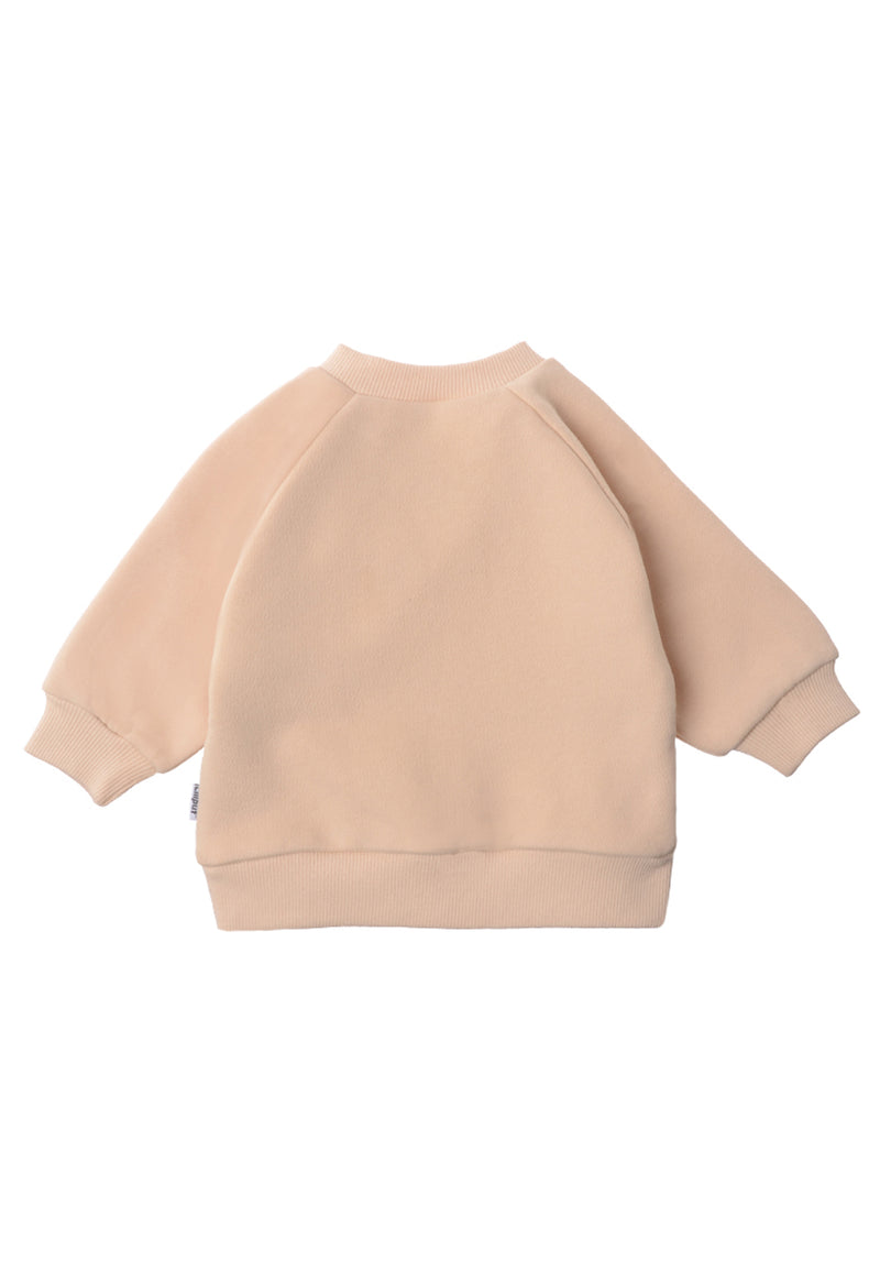 rückseite vom sweatshirt in beige mit dem druck von blaubeeren 