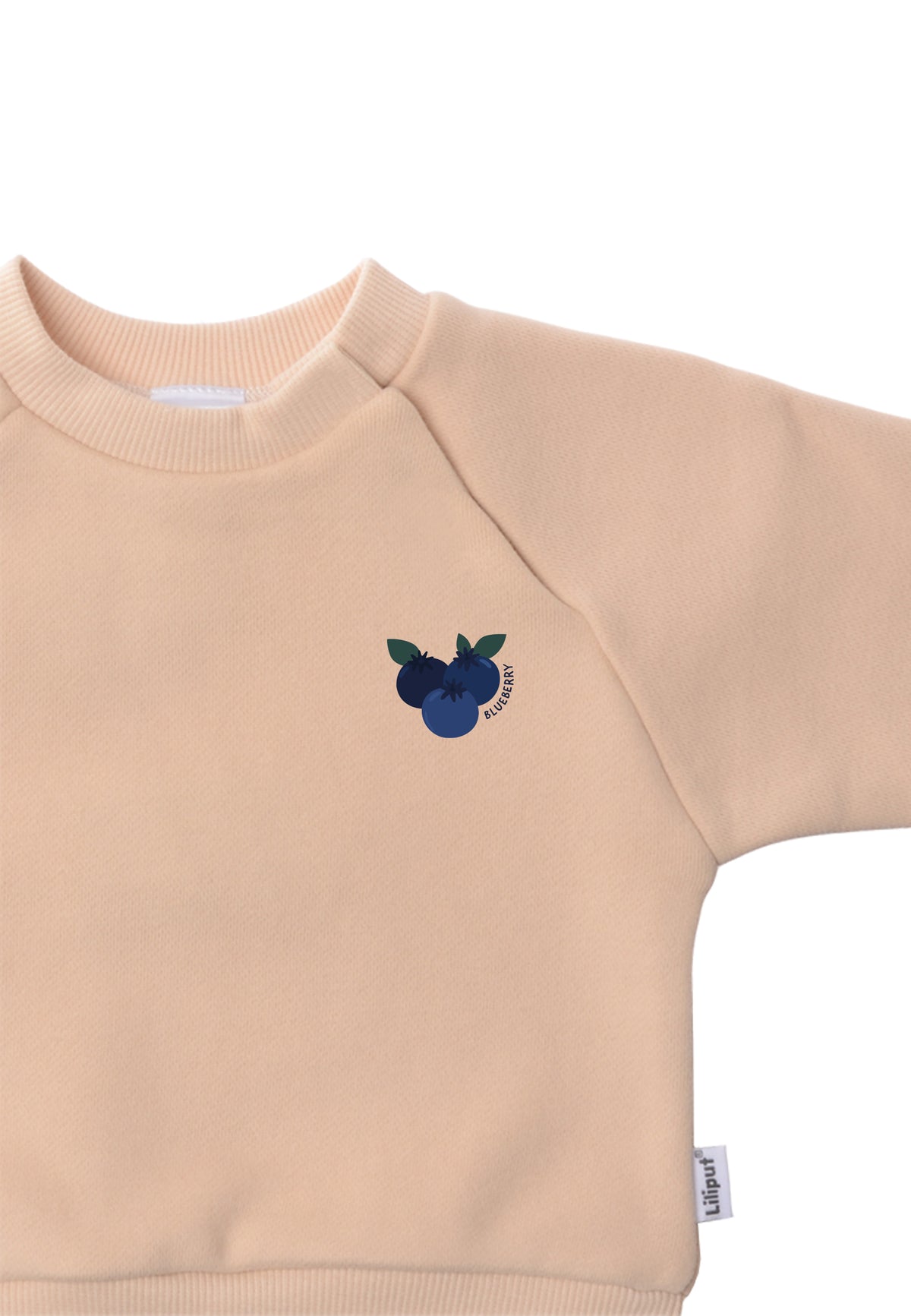 nahaufnahme  vom sweatshirt in beige mit dem druck von blaubeeren 