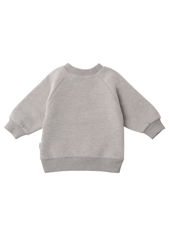 Rückseite des kuscheligen Sweatshirts in grau melange mit herbstlichem Fuchsprint.