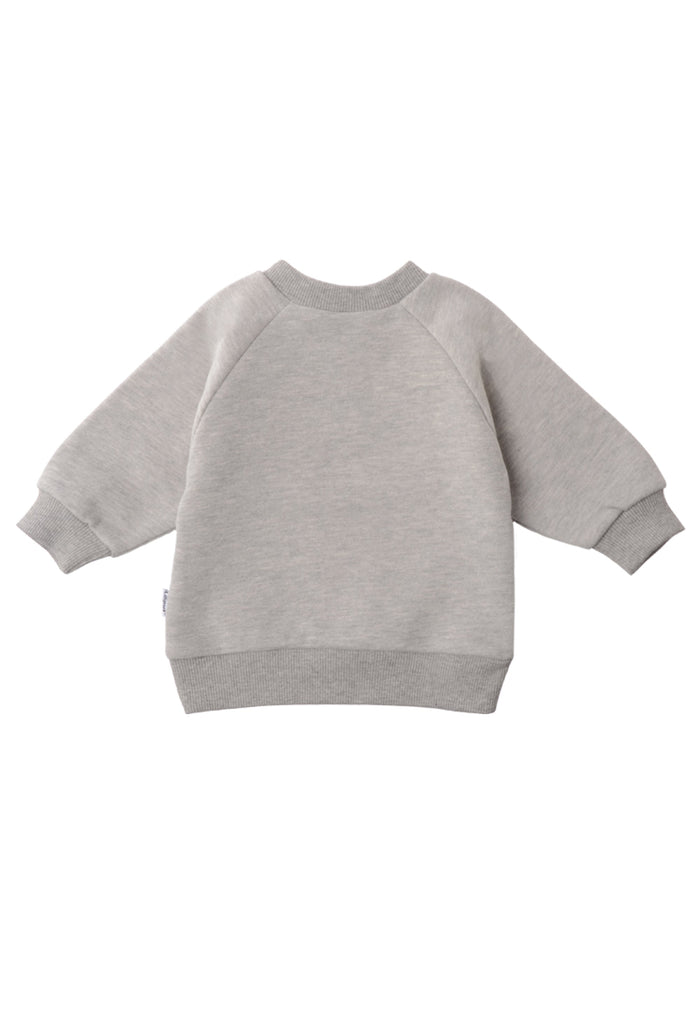 Rückseite des kuscheligen Sweatshirts in grau melange mit herbstlichem Fuchsprint.