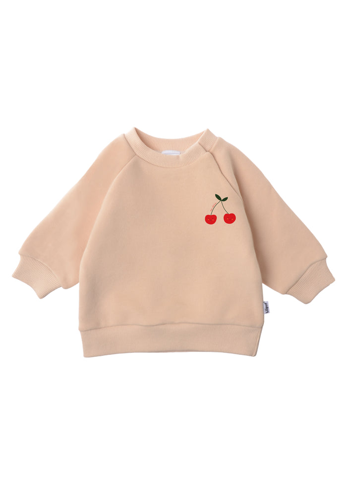 vorderseite von sweatshirt in beige mit niedlichem kirschen druck 