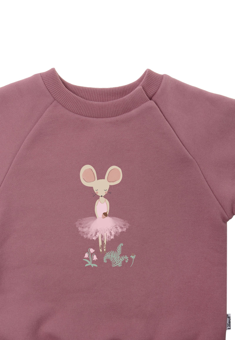 Detailansicht des Ballerina Mause Prints auf dem Sweatshirt in rosè.