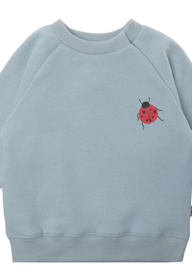 Detailansicht des hellblauen Sweaters mit keinem Marienkäfer als Print.
