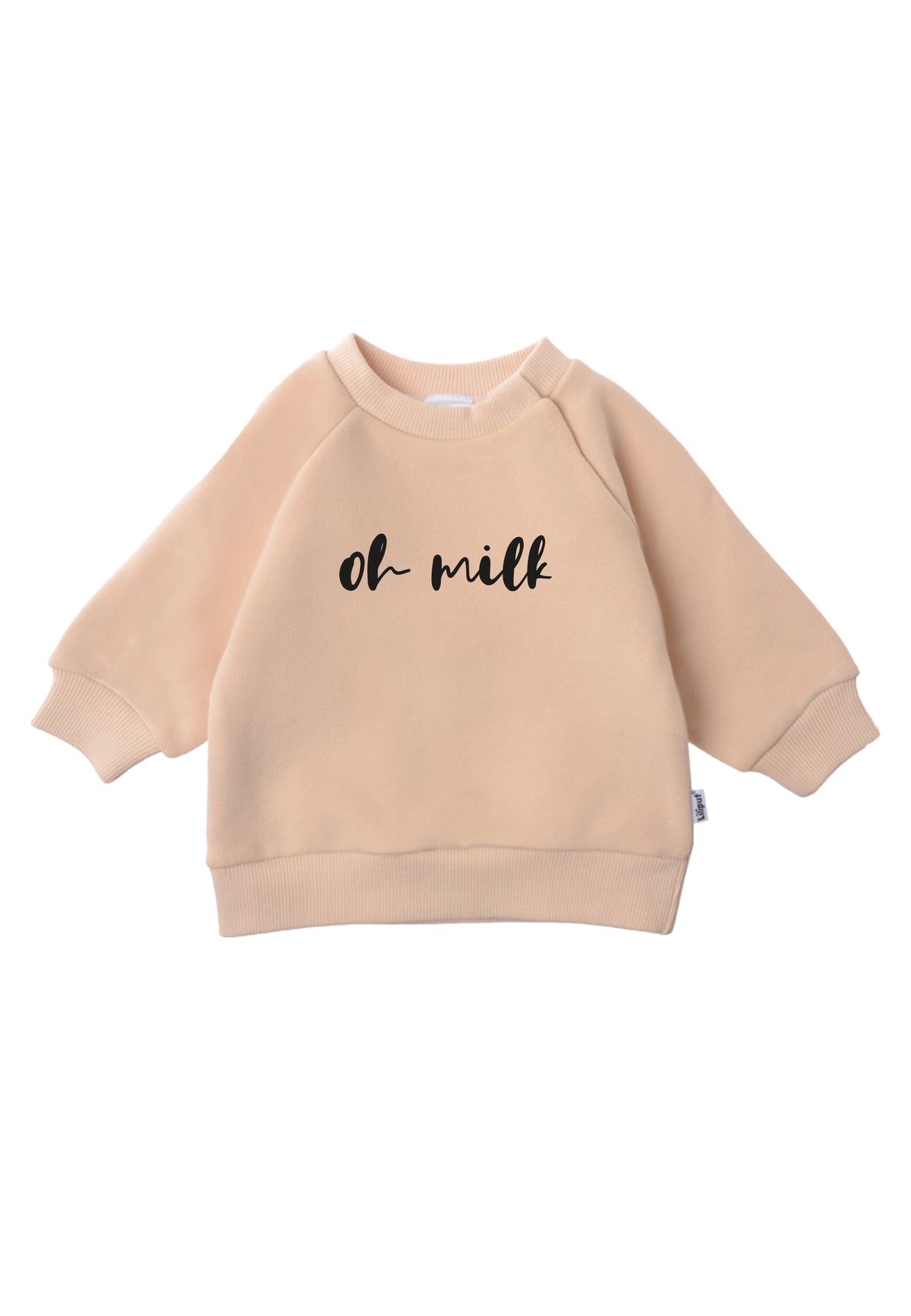 Baby und Kindersweatshirt in beige mit schwarzem oh milk Print.