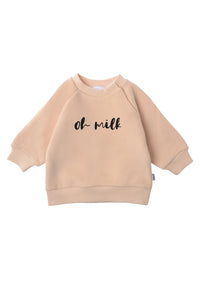 Baby und Kindersweatshirt in beige mit schwarzem oh milk Print.