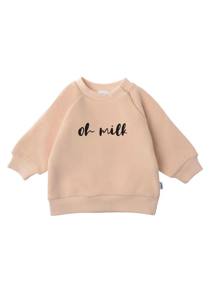 Baby und Kindersweatshirt in beige mit schwarzem oh milk Print.