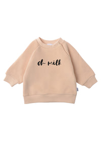 Frontansicht des beigen Sweatshirts mit oh milk Print.
