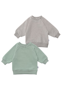 vorderseite von den 2 Sweatshirts in schilf und graumelange