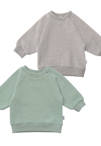 nahaufnahme von den 2 Sweatshirts in schilf und graumelange