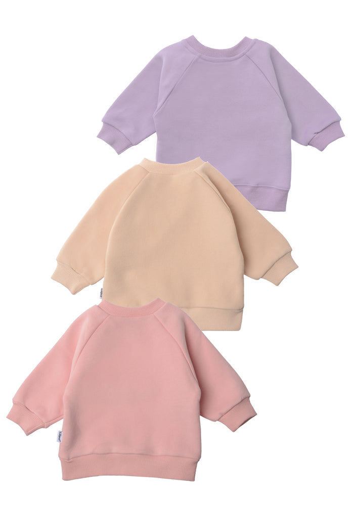 rückseite von den 3 Sweatshirts in beige, rosa und flieder