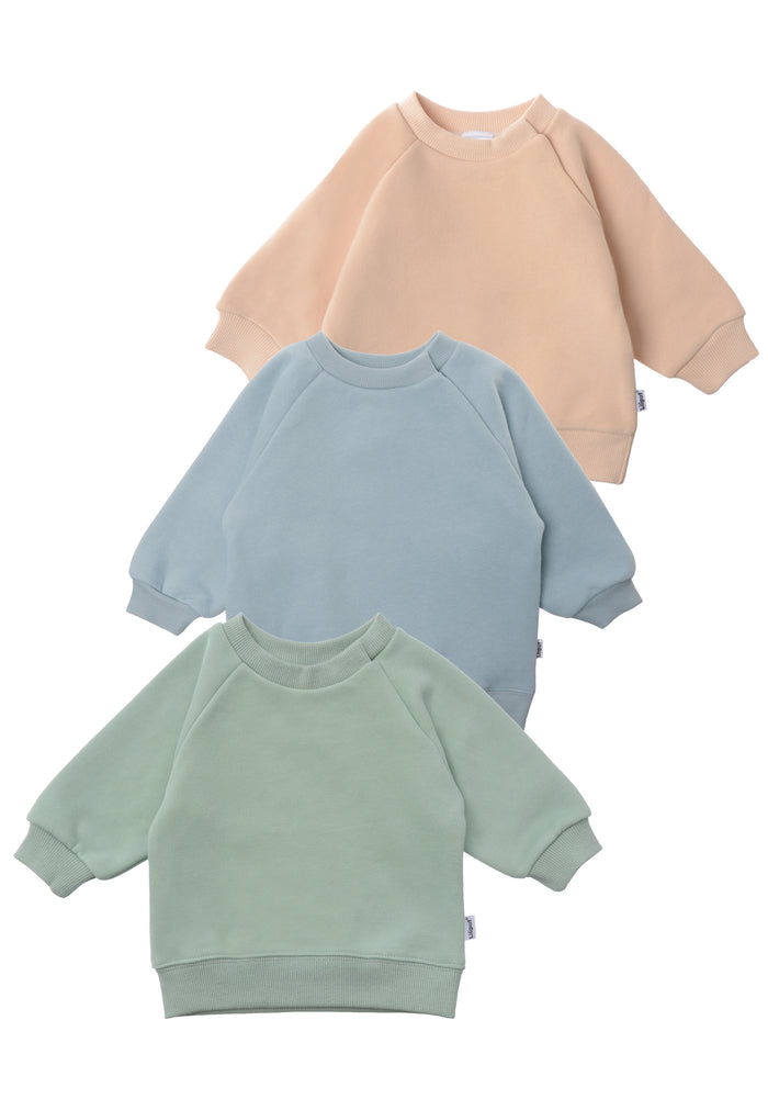 vorderseite von den 3 Sweatshirts in beige, schilf und hellblau
