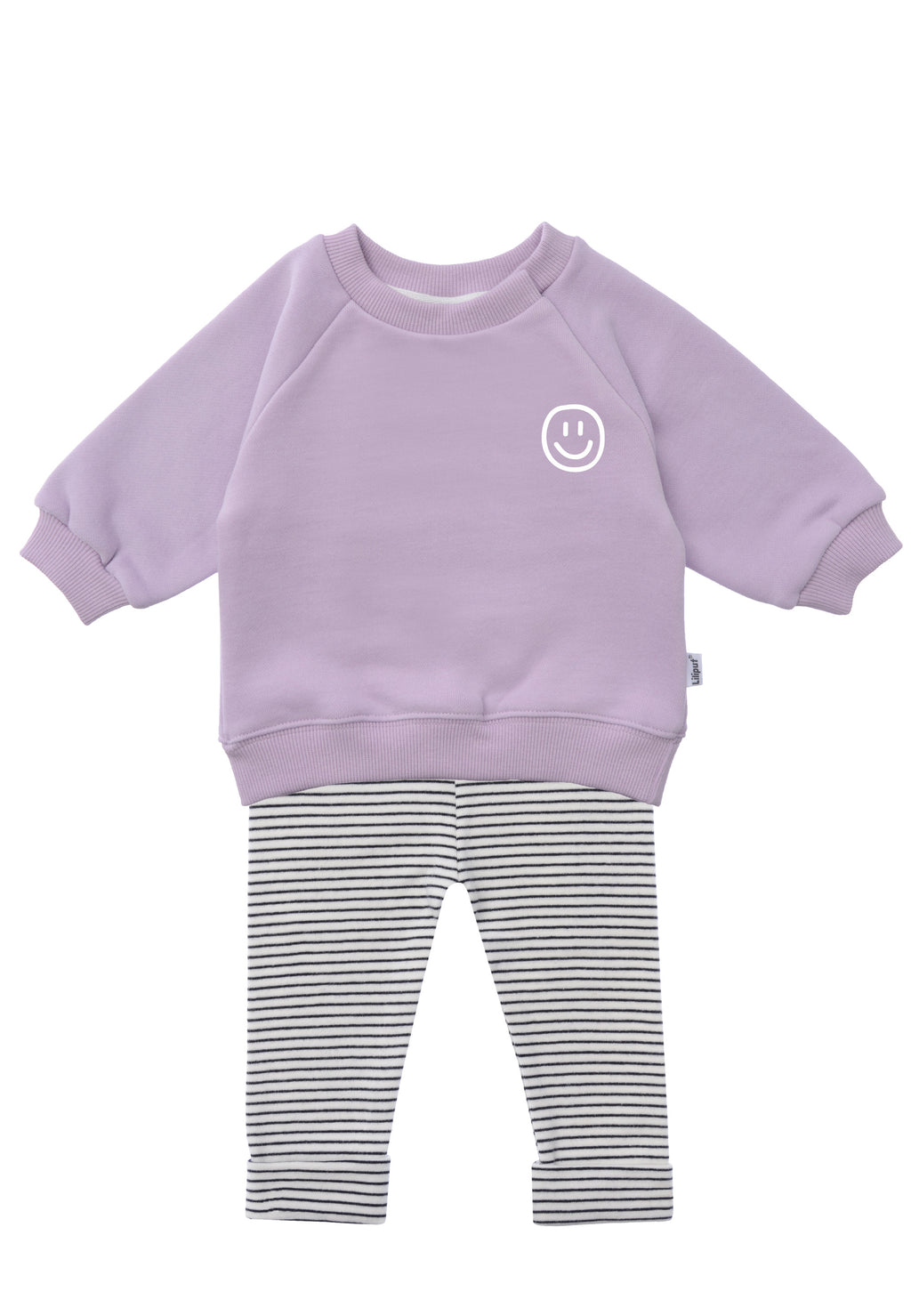 2tlg. Set mit Sweatshirt "smily" in er Farbe flieder und Leggings schwarz gestreift in der Farbe ecru