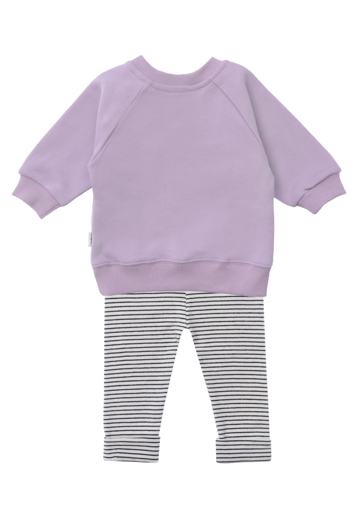 Rückseite vom 2tlg. Set mit Sweatshirt "smily" in er Farbe flieder und Leggings schwarz gestreift in der Farbe ecru