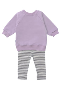 Rückseite vom 2tlg. Set mit Sweatshirt "smily" in er Farbe flieder und Leggings schwarz gestreift in der Farbe ecru