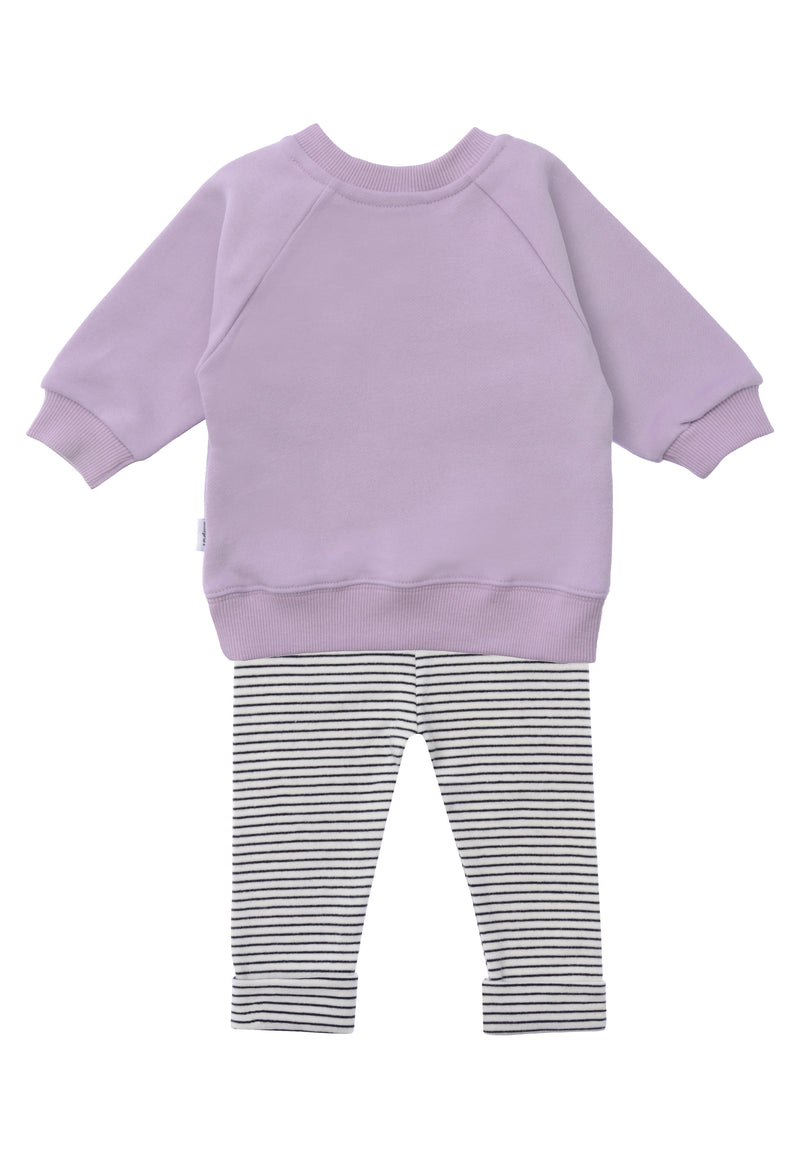 Rückseite vom 2tlg. Set mit Sweatshirt "smily" in er Farbe flieder und Leggings schwarz gestreift in der Farbe ecru