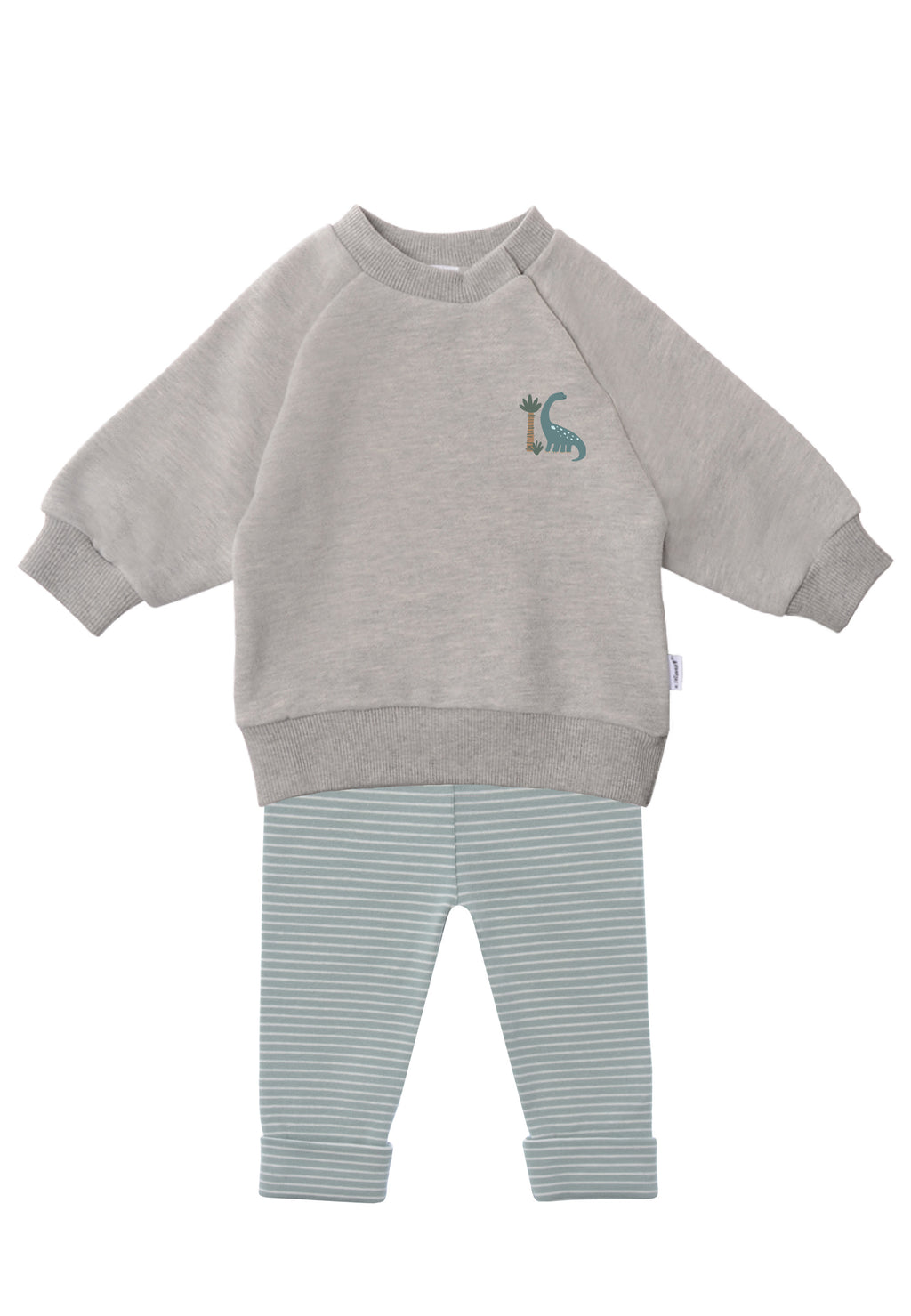 2tlg. Set mit Sweatshirt in der Farbe graumelange mit dem Druck "Dino" und schilf-ecru gestreifter Leggings 