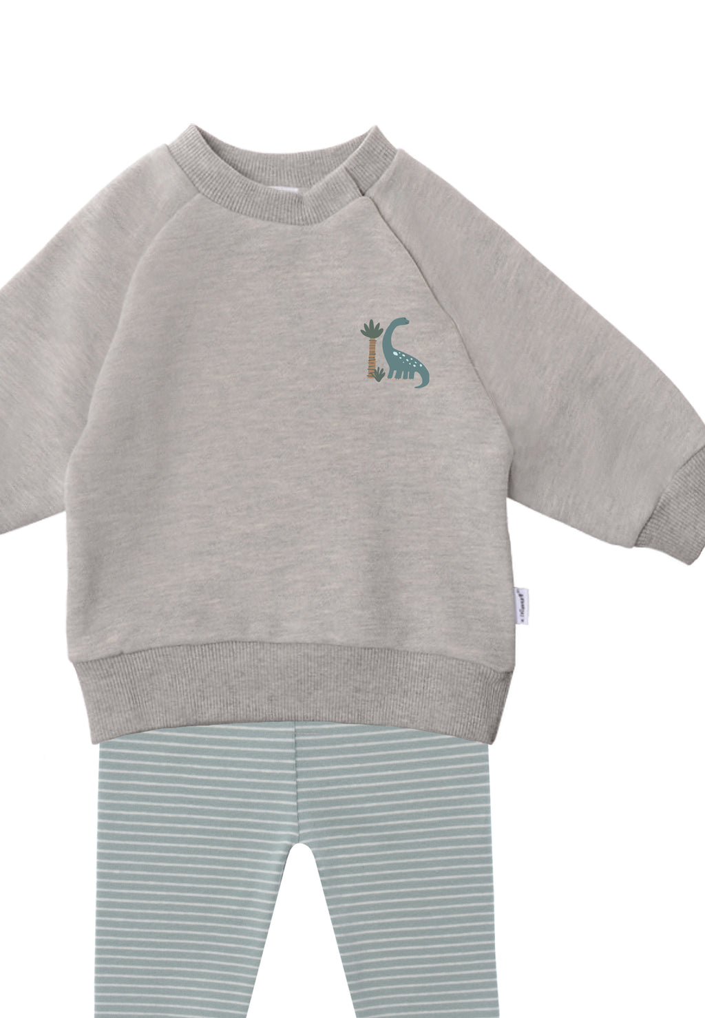 2tlg. Set mit Sweatshirt in der Farbe graumelange mit dem Druck "Dino" und schilf-ecru gestreifter Leggings 