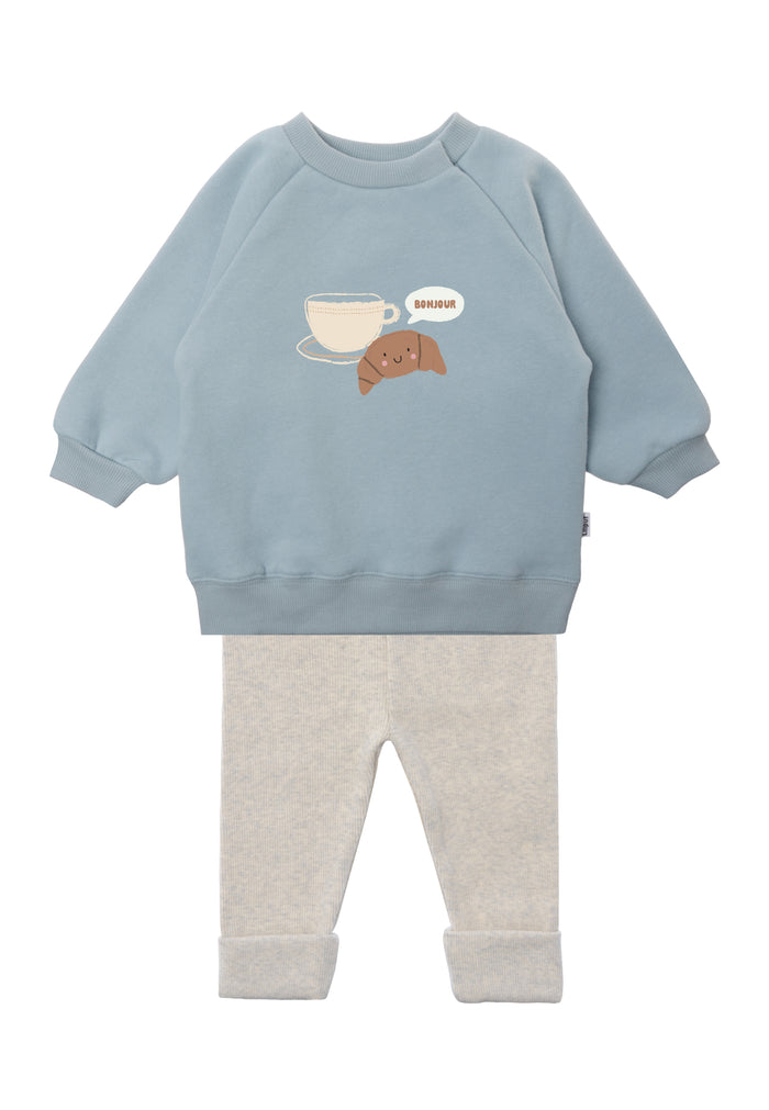 2tlg. Set mit Sweatshirt in hellblau "Croissant bonjour + Tasse" und Leggings in der Farbe graumelange