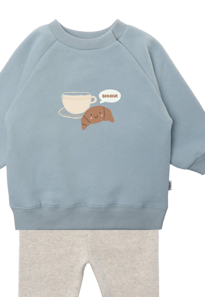 In Detail 2tlg. Set mit Sweatshirt in hellblau "Croissant bonjour + Tasse" und Leggings in der Farbe graumelange