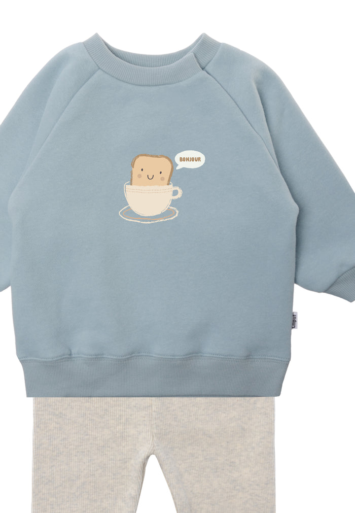 In Detail 2tlg. Set mit Sweatshirt in hellblau "Toast in Tasse" und Leggings n der Farbe graumelange