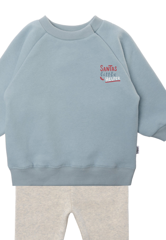 Im Detail 2tlg. Set mit Sweatshirt in hellblau "Santas little helper" und Leggings in der Farbe graumelange