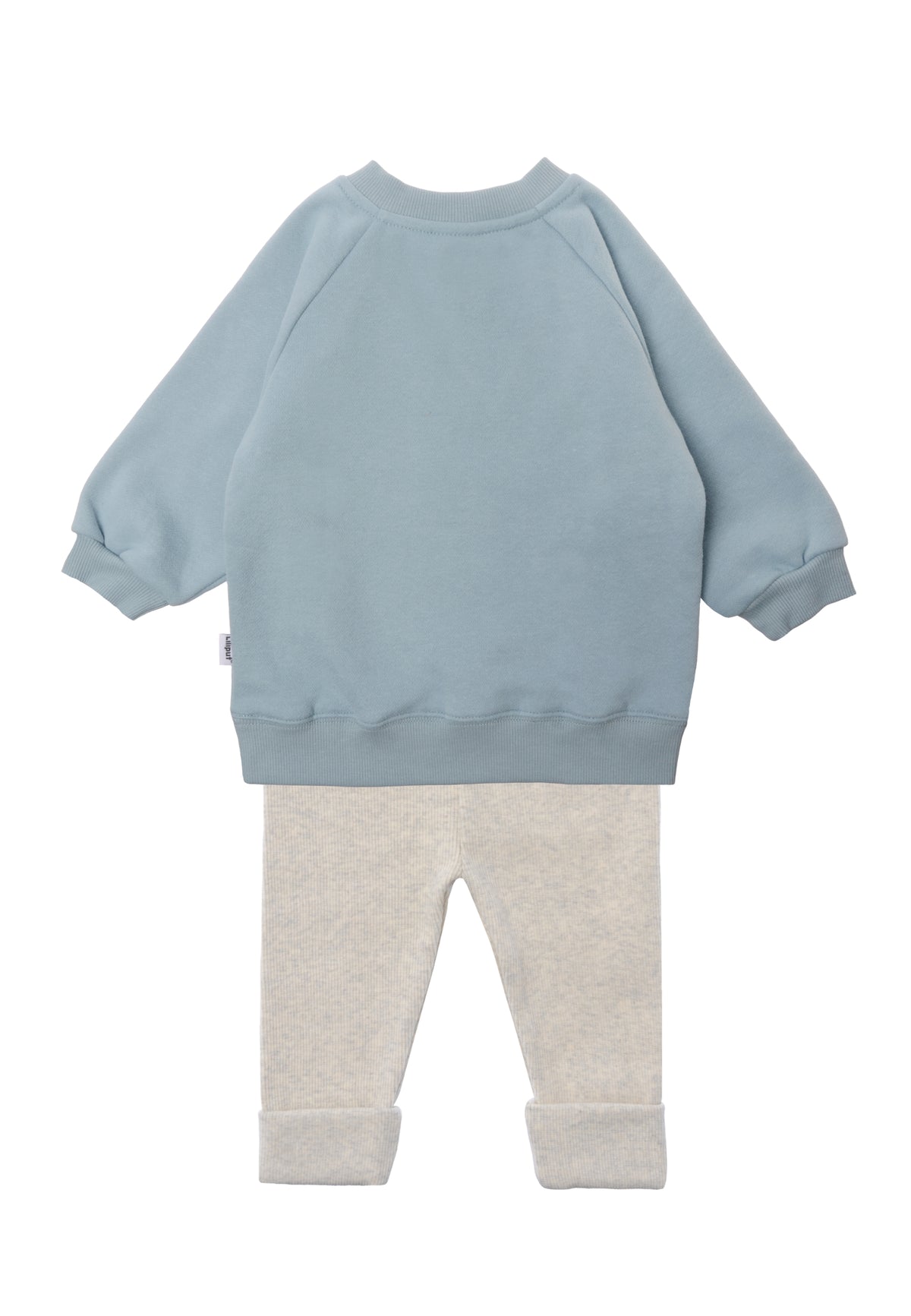 Rückseite vom 2tlg. Set mit Sweatshirt in hellblau "Santas little helper" und Leggings in der Farbe graumelange