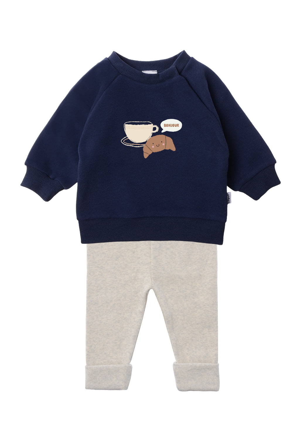 2tlg. Set mit Sweatshirt in marine mit dem Druck "Croissant bonjour + Tasse" und Leggings in der Farbe graumelange