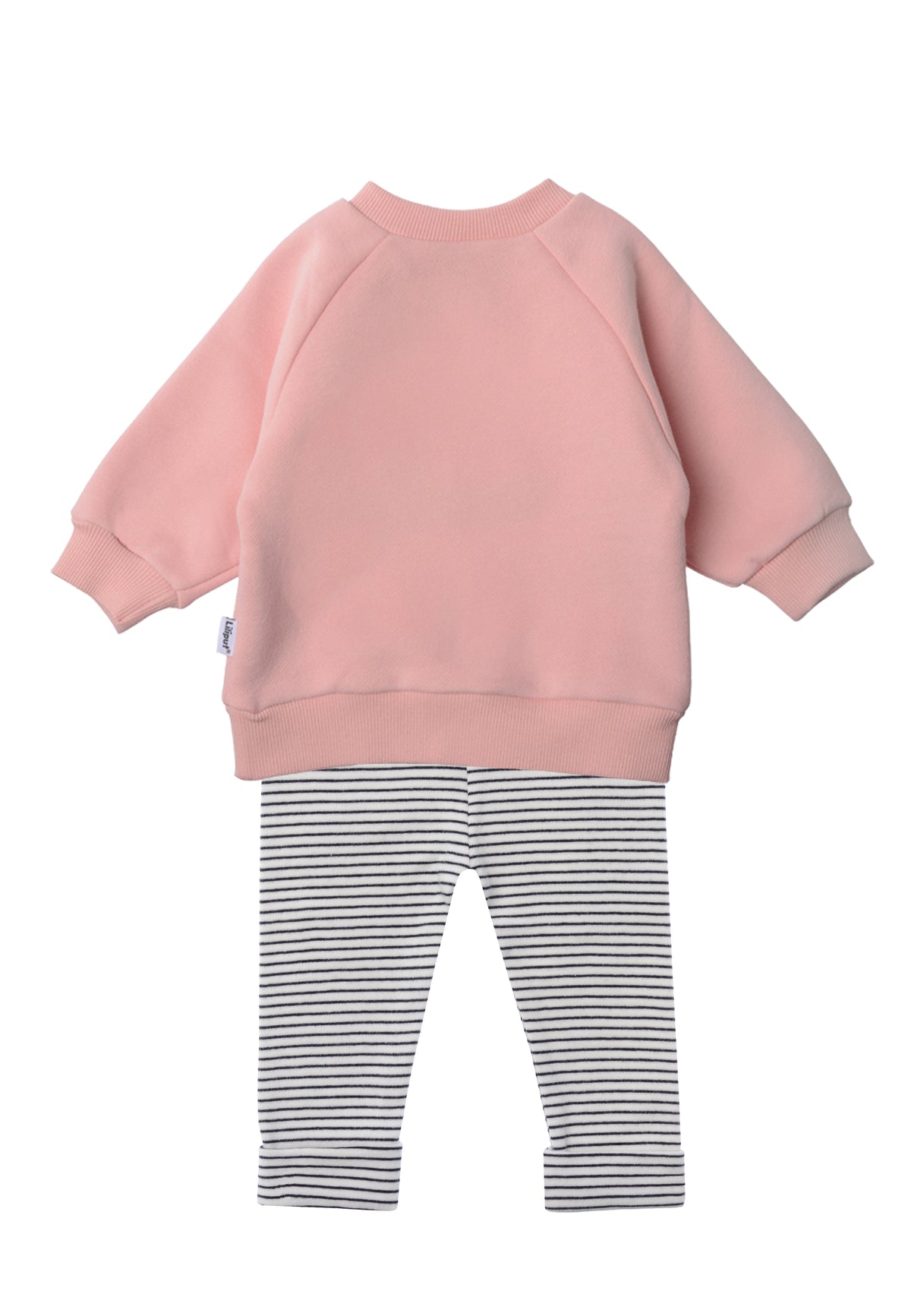 Rückseite vom 2tlg. Set mit Sweatshirt in rosa "rotes herz" und Leggings schwarz gestreift in der Farbe ecru