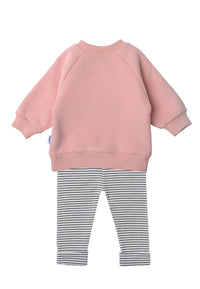 Rückseite vom 2tlg. Set mit Sweatshirt in rosa "rotes herz" und Leggings schwarz gestreift in der Farbe ecru