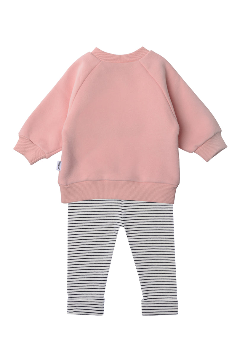Rückseite vom 2tlg. Set mit Sweatshirt in rosa "rotes herz" und Leggings schwarz gestreift in der Farbe ecru