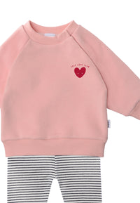Im Detail 2tlg. Set mit Sweatshirt in rosa "rotes herz" und Leggings schwarz gestreift in der Farbe ecru