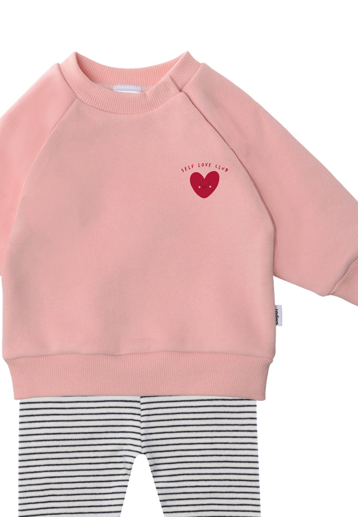 Im Detail 2tlg. Set mit Sweatshirt in rosa "rotes herz" und Leggings schwarz gestreift in der Farbe ecru