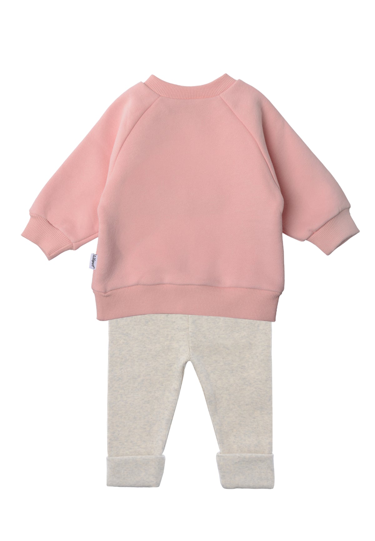 Rückseite vom 2tlg. Set mit Sweatshirt in rosa "smily" und Leggings in der Farbe gramelange