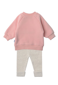 Rückseite vom 2tlg. Set mit Sweatshirt in rosa "smily" und Leggings in der Farbe gramelange
