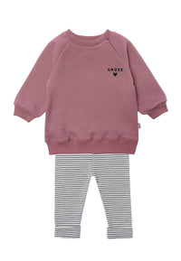 2tlg. Set mit Sweatshirt in rosenholz "amore" und Leggings schwarz gestreift in der Farbe ecru