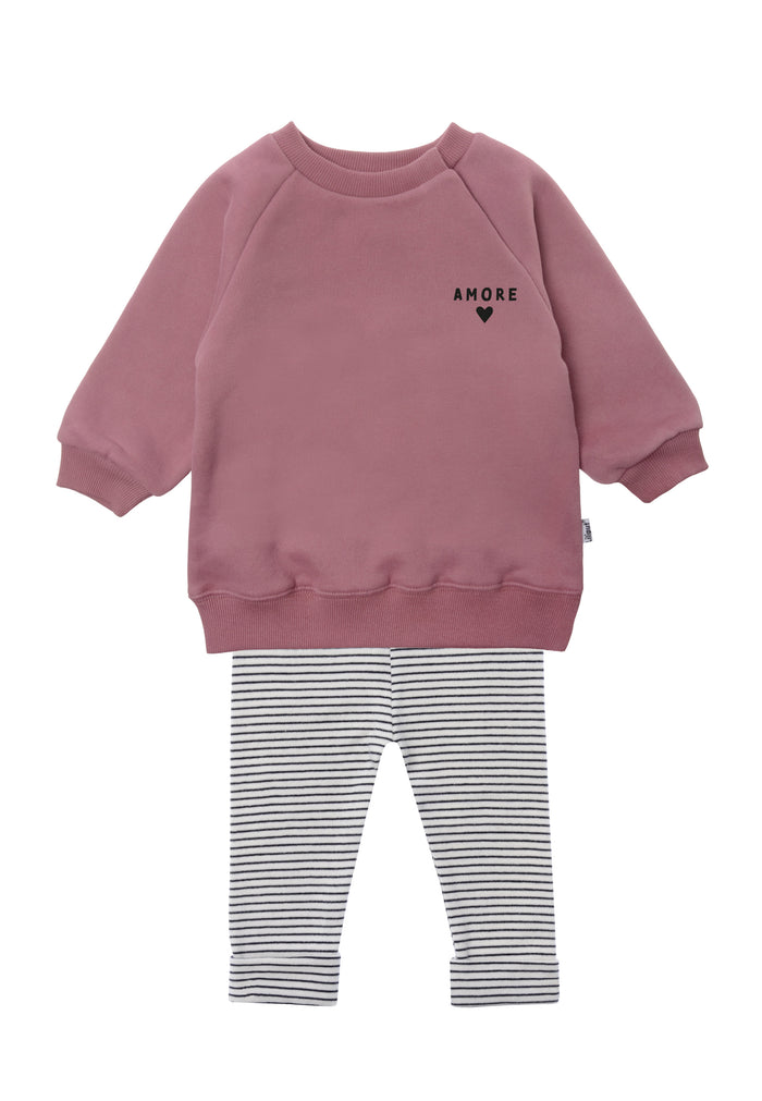 2tlg. Set mit Sweatshirt in rosenholz "amore" und Leggings schwarz gestreift in der Farbe ecru