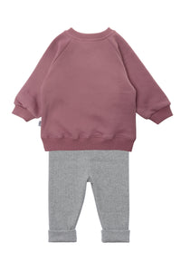Rückseite vom 2tlg. Set mit Sweatshirt in rosenholz "Dackel mit Kürbis rosa" und Leggings in der Farbe dunkelgraumelange