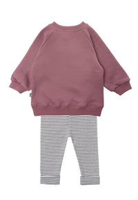 Rückseite om 2tlg. Set mit Sweatshirt in rosenholz "smily" und Leggings schwarz gestreift in der Farbe ecru
