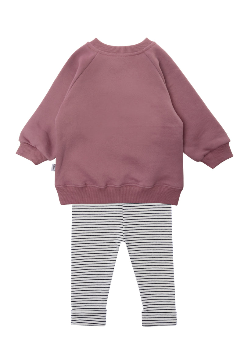 Rückseite om 2tlg. Set mit Sweatshirt in rosenholz "smily" und Leggings schwarz gestreift in der Farbe ecru