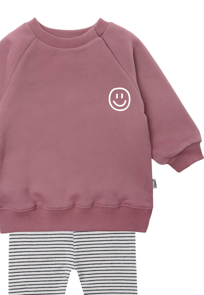 Im Detail 2tlg. Set mit Sweatshirt in rosenholz "smily" und Leggings schwarz gestreift in der Farbe ecru