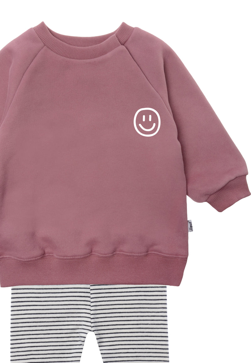 Im Detail 2tlg. Set mit Sweatshirt in rosenholz "smily" und Leggings schwarz gestreift in der Farbe ecru
