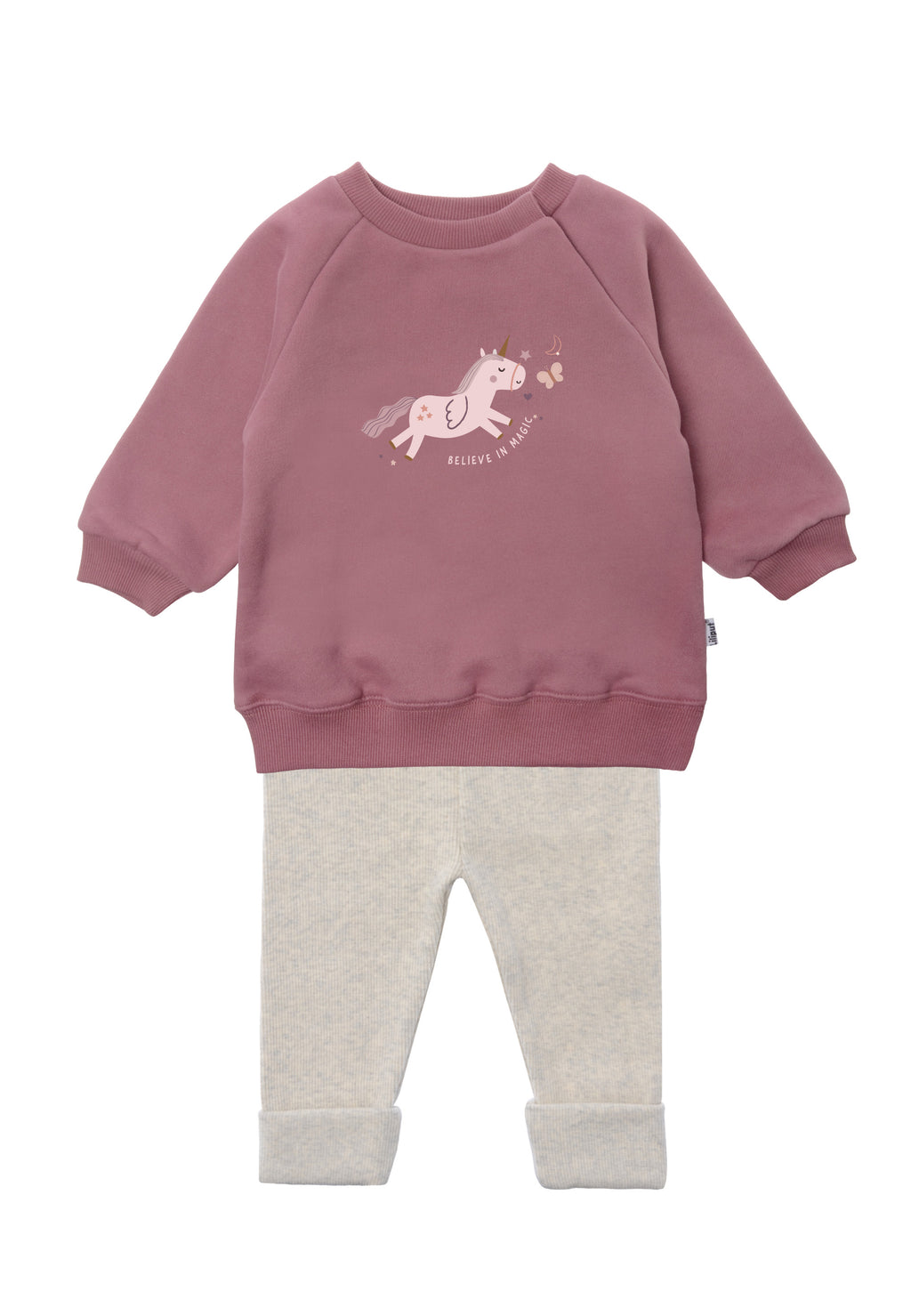 2tlg. Set mit Sweatshirt in rosenholz "Einhorn believe in magic" und Leggings in der Farbe geaumelange