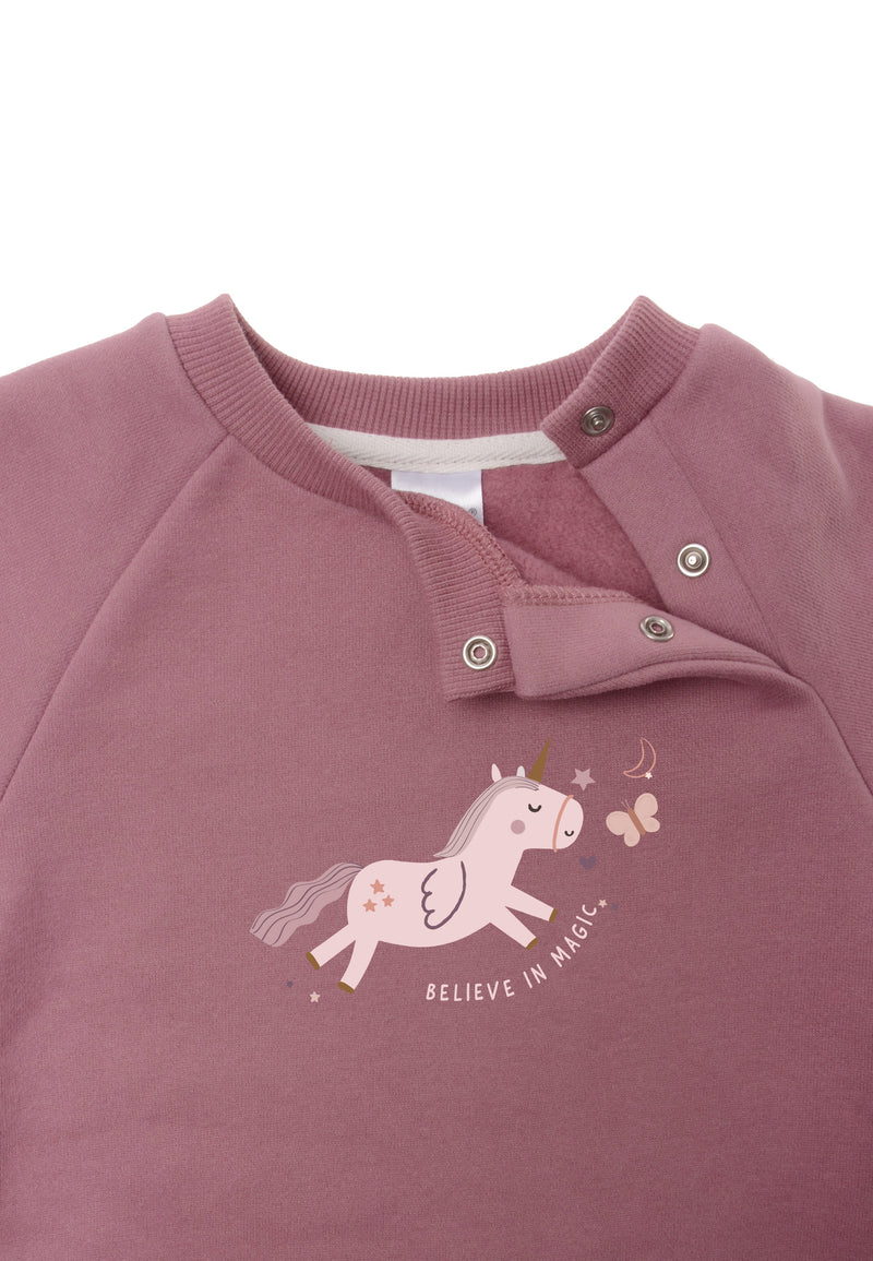 Sweatshirt in rosenholz "Einhorn believe in magic" mit versteckten Druckknöpfen