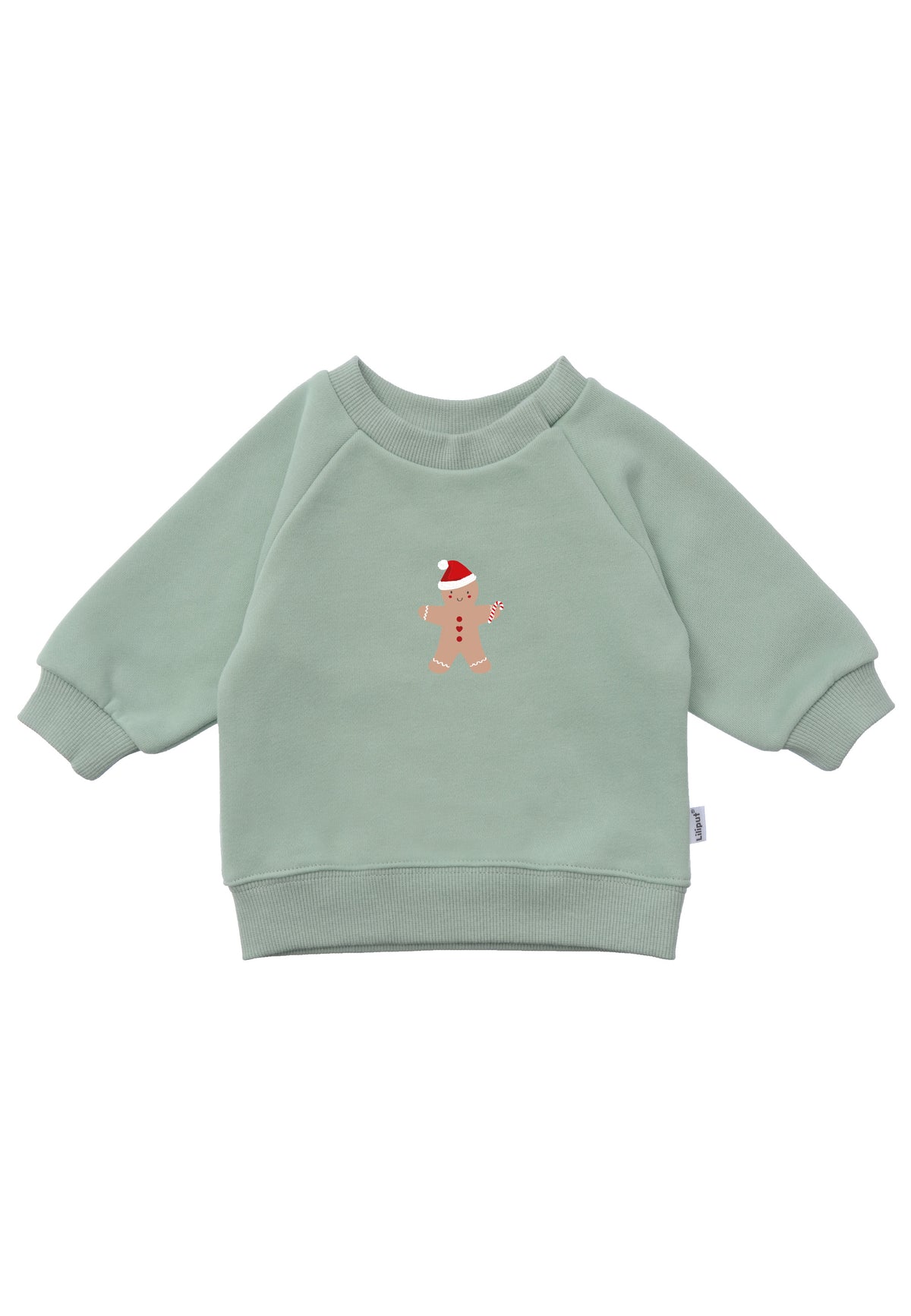 Frontansicht des schilf farbenden Sweaters mit Lebkuchen Aufdruck.
