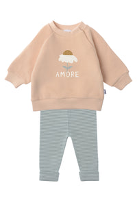 2 teiliges Set mit Sweatshirt in beige und Gänseblümchen Aufdruck und schilf-ecru geringelter Leggings.
