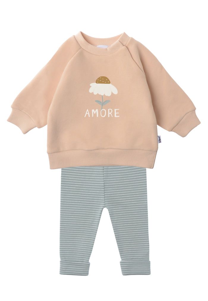 2 teiliges Set mit Sweatshirt in beige und Gänseblümchen Aufdruck und schilf-ecru geringelter Leggings.